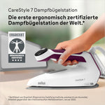 Centro de planchado Braun CareStyle 7 IS 7266 VI, suela FreeGlide 3D, funciones iCare, iMode y vapor vertical, FastClean, golpe de vapor 550 g/min, depósito de agua extraíble de 2 L, 2700 W, blanco-violeta