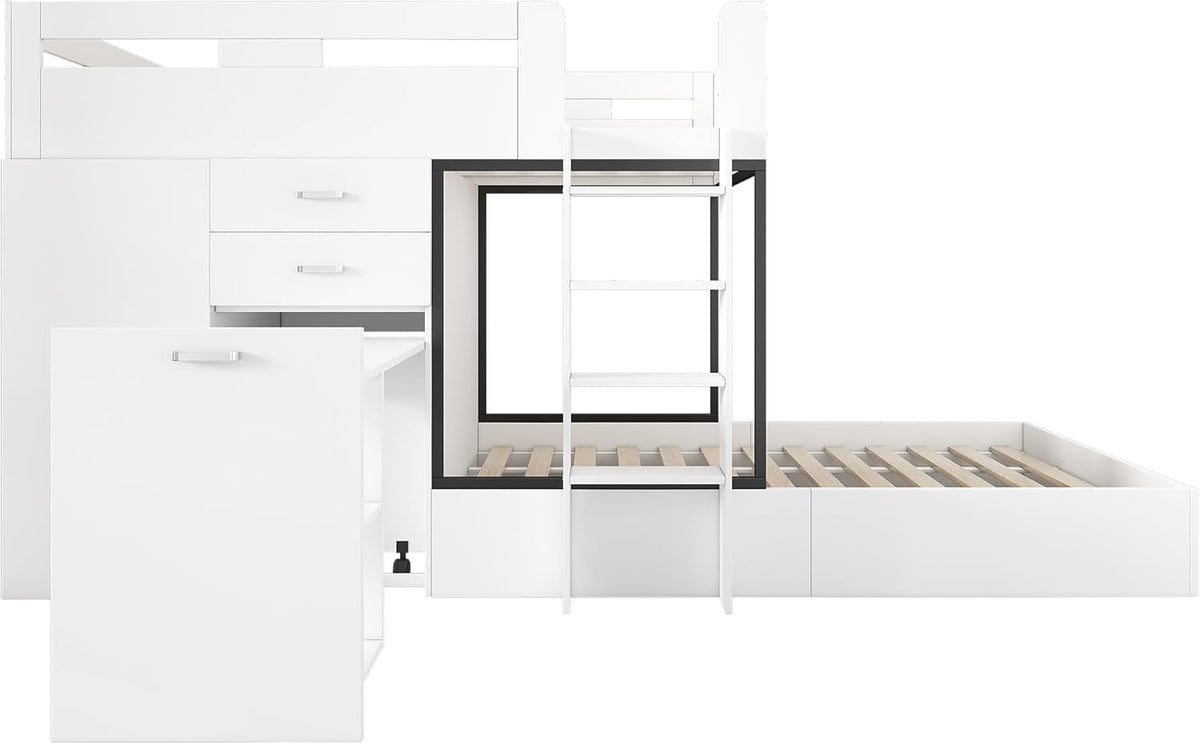 Cama tipo loft Ymkua para niños de 90x200 cm con almacenamiento, cama doble con somier, cama alta con escritorio y armario, cama juvenil con cajones, estantes y escalera, blanco, sin colchón