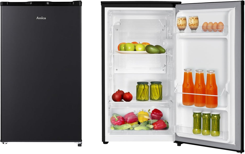 Amica Vollraum-Kühlschrank Freistehend 85x47,5x44,5 cm 90L Inverter Kompressor LED Beleuchtung Gemüseschublade Türablagen AVK 3510 SW - Schwarz
