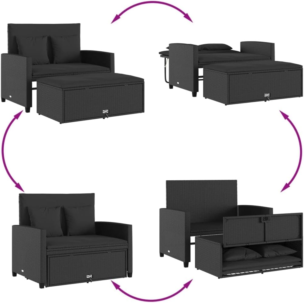 vidaXL Gartensofa mit Kissen 2-Sitzer, Outdoor Sofa mit Hocker mit Staufach, Couch mit abnehmbarm Bezug, Gartebmöbel Gartengarnitur, Schwarz Poly Rattan