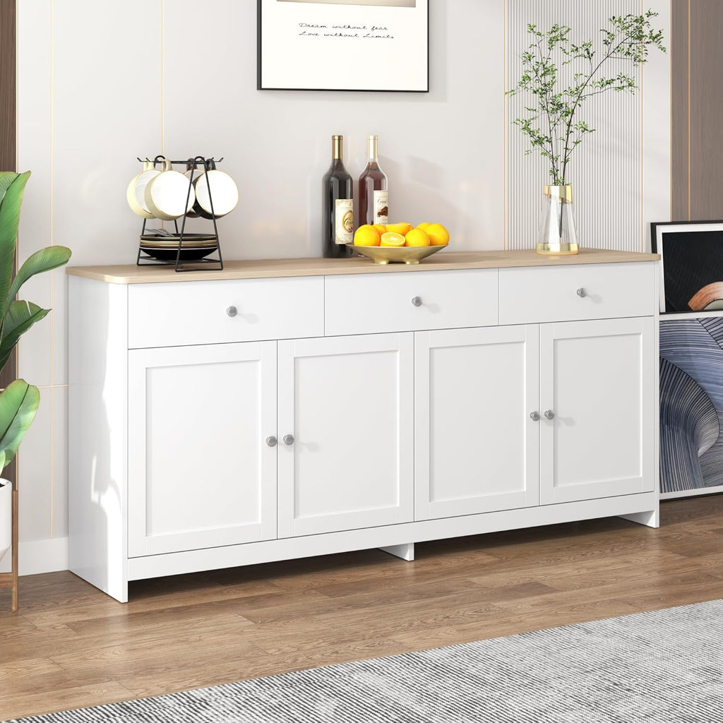 Aparador Ymkua, buffet, cómoda para salón y comedor, armario de almacenamiento con 4 puertas y 3 cajones, mueble de salón moderno, 160x37x75 cm, madera y blanco