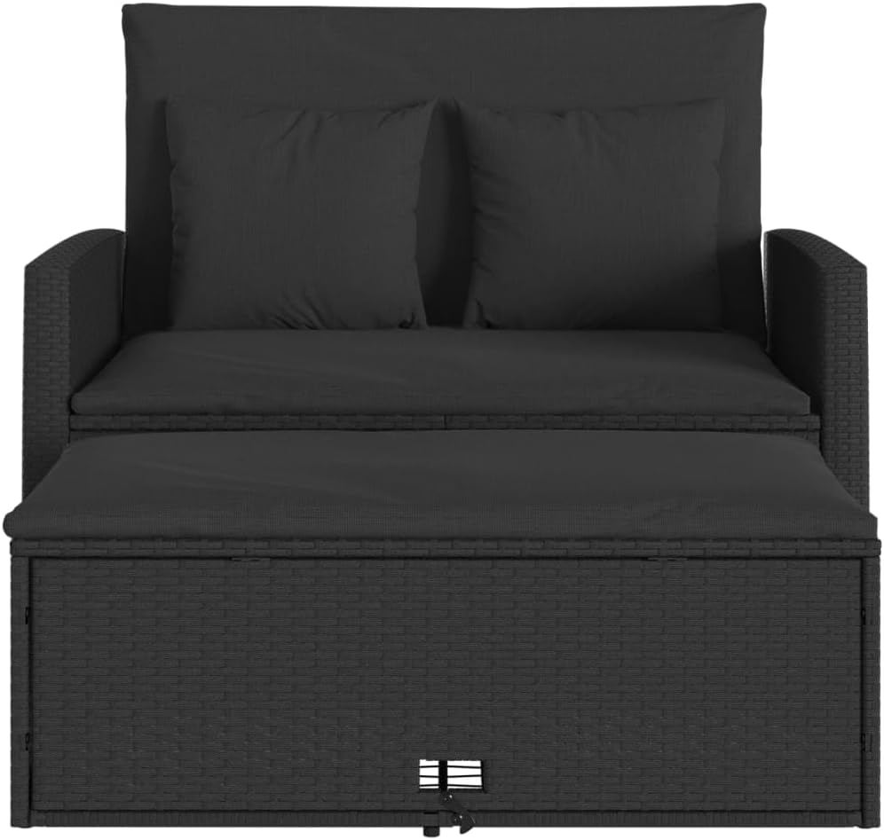 vidaXL Gartensofa mit Kissen 2-Sitzer, Outdoor Sofa mit Hocker mit Staufach, Couch mit abnehmbarm Bezug, Gartebmöbel Gartengarnitur, Schwarz Poly Rattan