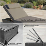 Tumbona de jardín RS Trade resistente a la intemperie de ratán sintético con ruedas – Tumbona de exterior de ratán con respaldo ajustable en varias posiciones para jardín, terraza, balcón y piscina, gris con cojín gris
