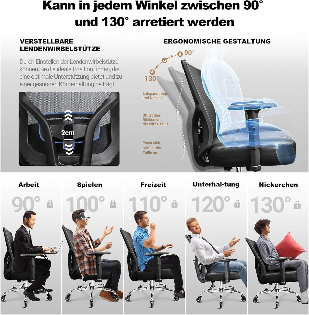 Silla de oficina MELOKEA 200KG XXL, cojín de asiento con muelles ensacados extrancho y extragrueso, ruedas de goma, soporte lumbar ajustable, bloqueo de inclinación continuo, gaming y oficina [cojín lumbar incluido]