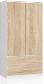 Armario de dos puertas AKORD S 90 cm, 2 cajones con estantes y una barra para colgar ropa, para dormitorio, armarios de estilo minimalista, tablero laminado de 16 mm, color blanco/sonoma