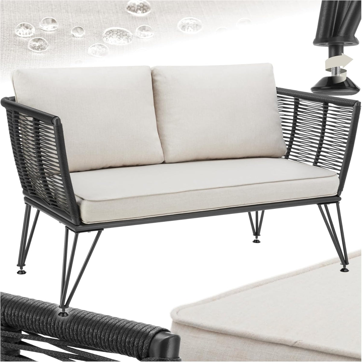 Sofá tipo lounge de ratán tectake®, muebles de salón para exteriores, muebles de balcón, muebles de exterior, muebles de jardín de ratán, sofá de jardín con cojines impermeables para exterior, muebles de balcón para balcones pequeños, jardín de invierno
