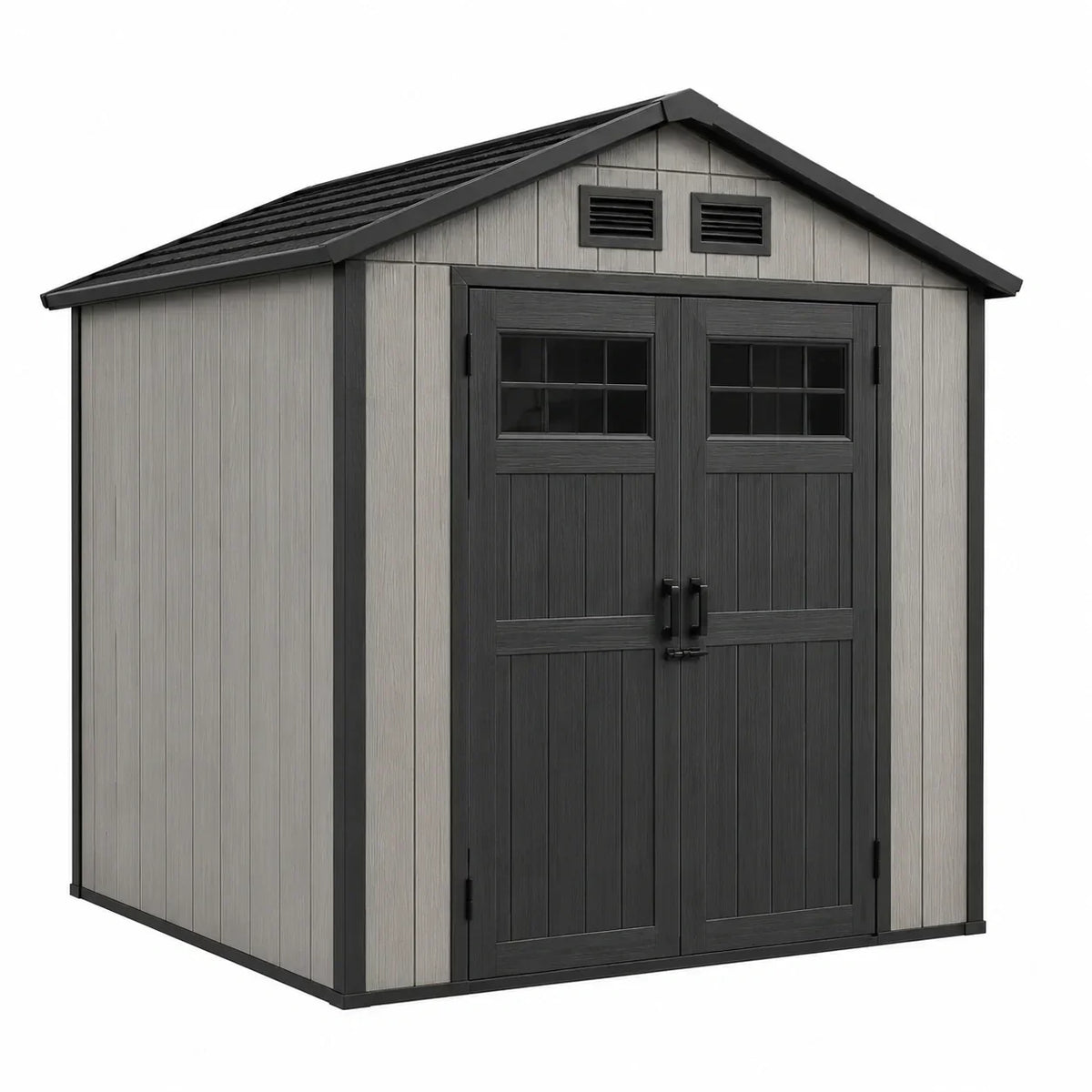 Caseta de jardín de polietileno resistente a los rayos UV con doble puerta y ventanas 213 x 130 x 198 cm gris/negro