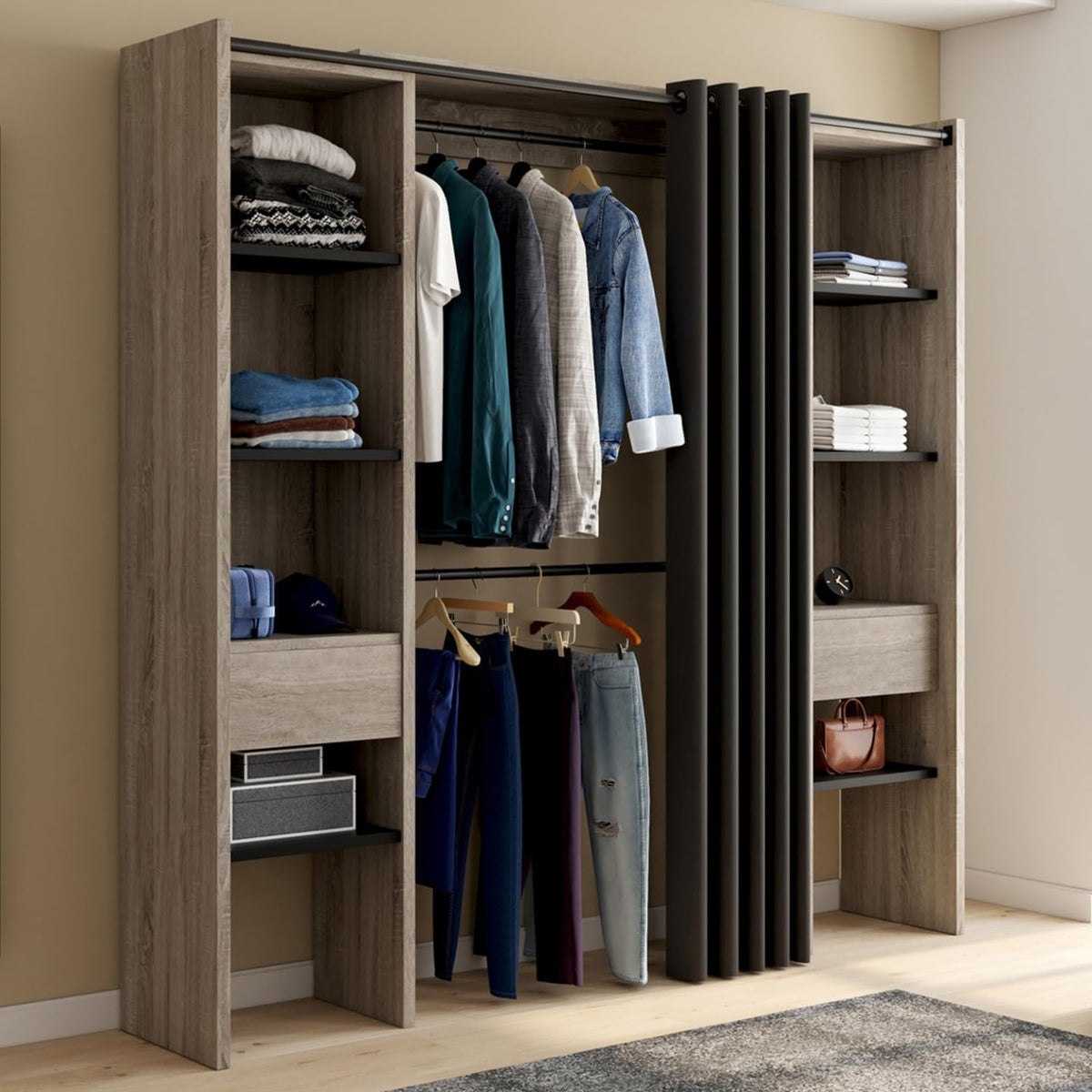 IDMarket - Vestidor extensible doble Meryl 120/180 x 50 x 180 cm haya con estantes color haya + doble barra para colgar + cortina negra