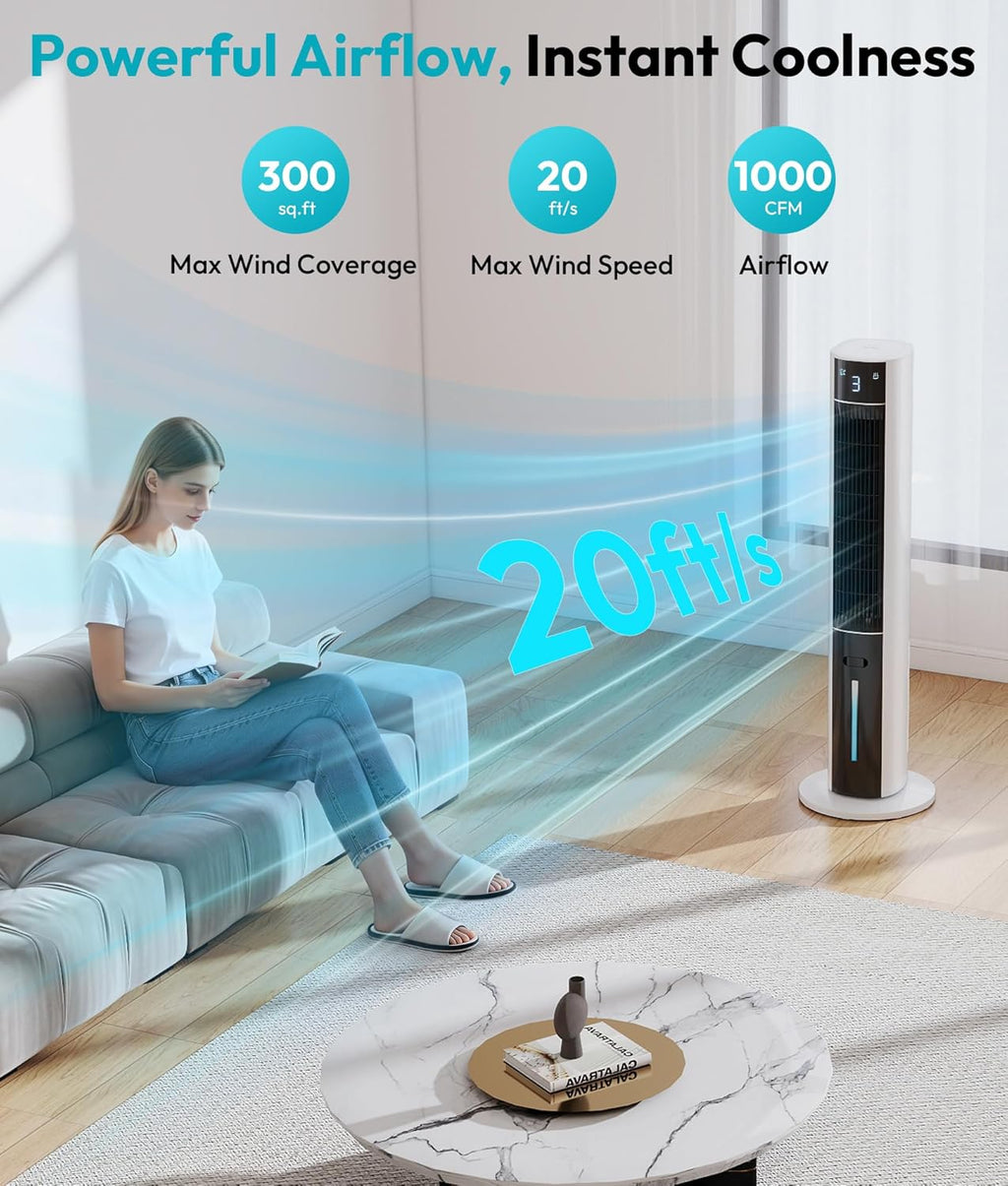 Enfriador de aire por evaporación: enfriador de pantano 3 en 1 con tanque de agua de 3 L, 3 modos y 3 velocidades, control remoto, temporizador de 12 horas, ventilador de torre de enfriamiento portátil sin aspas con oscilación de 50° para habitación