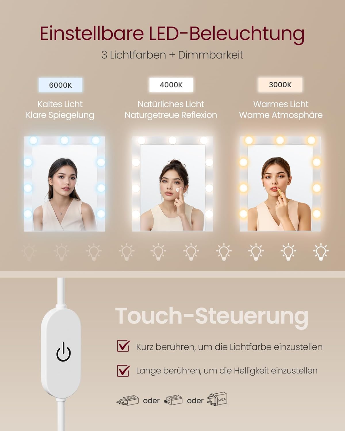 Colección VASAGLE Kailyn - Tocador con espejo e iluminación LED, mesa de maquillaje con 9 bombillas, 8 cajones, 3 estantes, 3 colores de luz, recto o en forma de L, blanco nube RDT140WB01