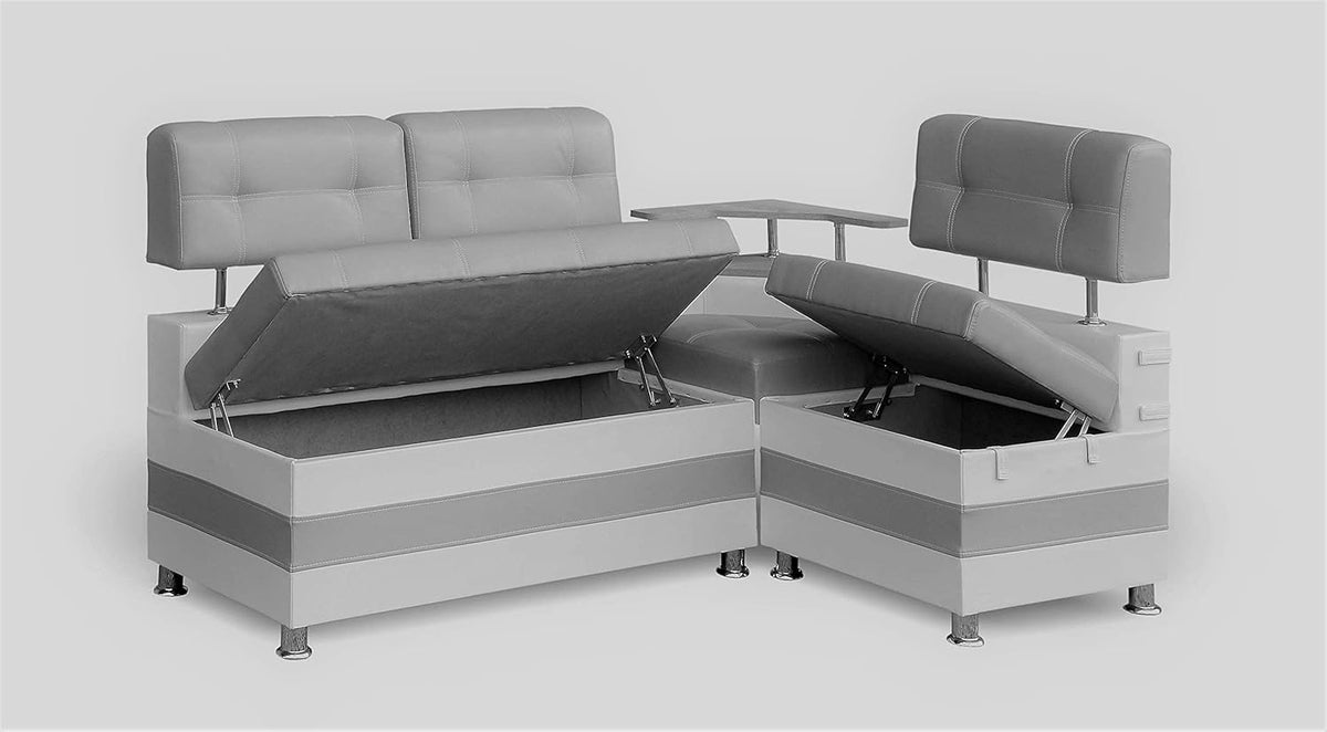 Banco esquinero Rodnik color latte, comedor, banco de asiento gris, moderno, piel sintética con repisa y espacio de almacenamiento