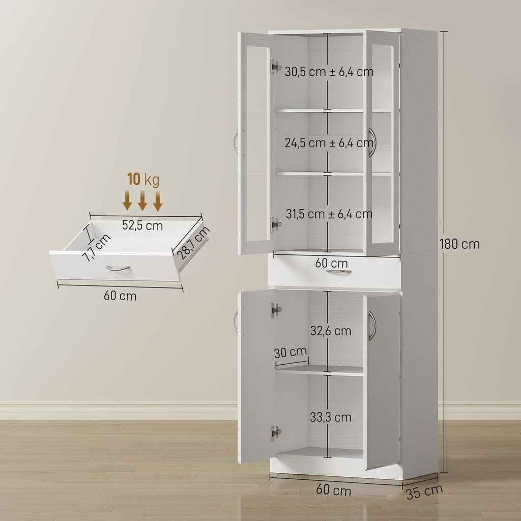 HOMCOM Alacena de cocina mueble buffet con estante ajustable, cajón, 2 armarios, armario alto con puerta de cristal y función de cierre suave para cocina, comedor, salón, 60 x 35 x 180 cm, blanco