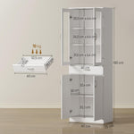 HOMCOM Alacena de cocina mueble buffet con estante ajustable, cajón, 2 armarios, armario alto con puerta de cristal y función de cierre suave para cocina, comedor, salón, 60 x 35 x 180 cm, blanco