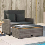 Sofá de jardín de 2 plazas vidaXL con cojines, sofá de exterior con taburete con almacenamiento, sofá con funda extraíble, muebles de jardín, juego de jardín, ratán sintético gris y madera de acacia
