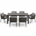 Conjunto de comedor de jardín de aluminio de 6 plazas con tablero de mesa de Polywood y coj ines grises