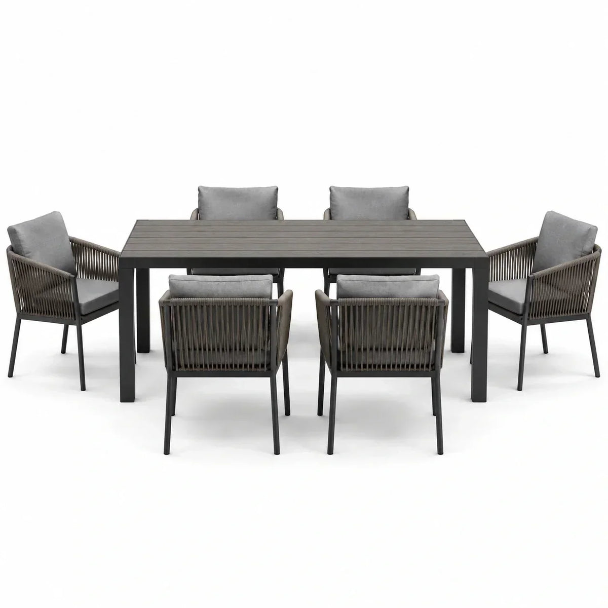 Conjunto de comedor de jardín de aluminio de 6 plazas con tablero de mesa de Polywood y coj ines grises
