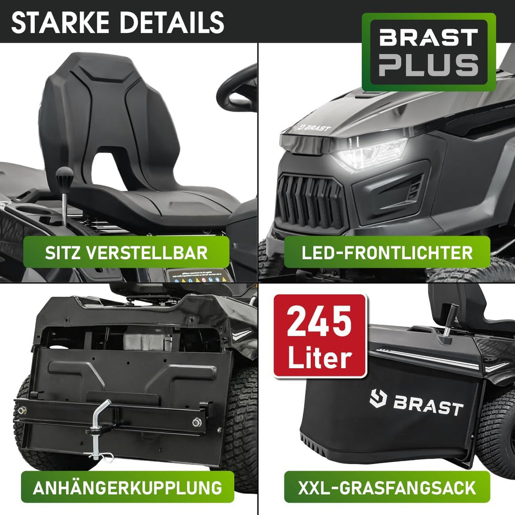 Tractor cortacésped a gasolina BRAST | 9,2 kW (12,5 CV) | Arranque eléctrico | Ancho de corte XXL de 98 cm | Función 2 en 1 | Transmisión de 7 velocidades | Cesta de recogida de 245 L | para grandes superficies de césped de 1.000-5.000 m²