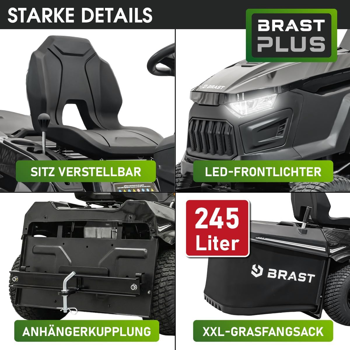 Tractor cortacésped a gasolina BRAST | 9,2 kW (12,5 CV) | Arranque eléctrico | Ancho de corte XXL de 98 cm | Función 2 en 1 | Transmisión de 7 velocidades | Cesta de recogida de 245 L | para grandes superficies de césped de 1.000-5.000 m²