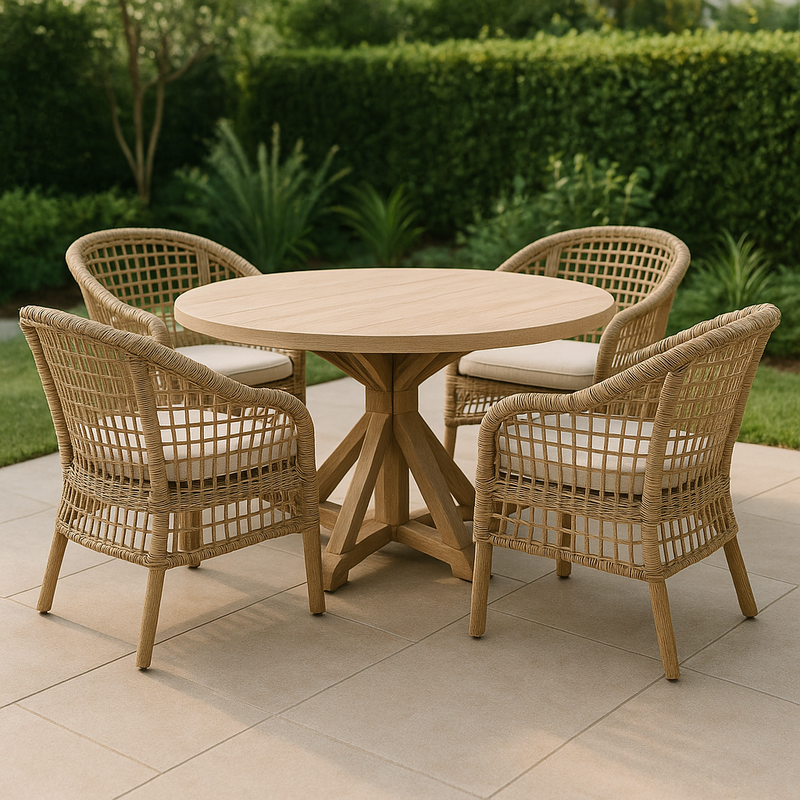 Conjunto de Mesa Redonda y Sillas de Jardín Mimbre/Madera Teca Natural