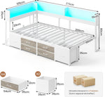 AOGLLATI Bett 90x200 mit Stauraum Schlafsofa mit Integriertem Bücherregal & 6 Schubladen,Jugendbett mit LED-Beleuchtung & Ladestation Gästebett Tagesbett Bettgestell mit Lattenrost(Weiß, 90x200cm)