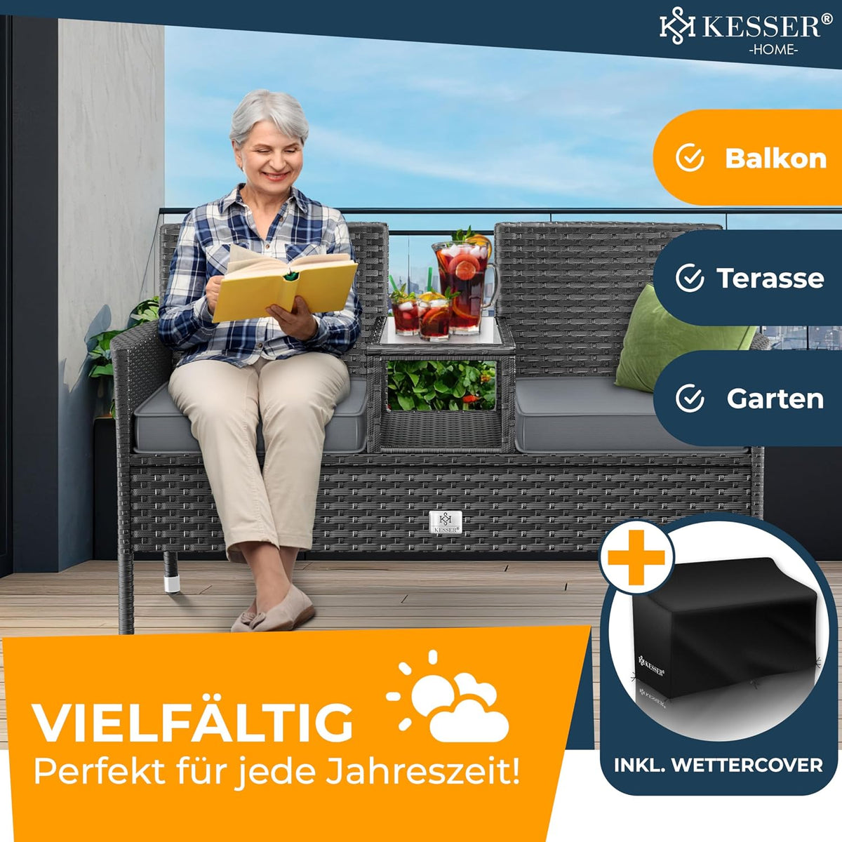 Banco de jardín KESSER® de ratán sintético con mesa, 2 plazas, 143x63x88cm, banco de jardín resistente a la intemperie, banco de exterior, banco de balcón con estante, mueble de jardín de ratán para jardín y balcón + cojines y funda, antracita