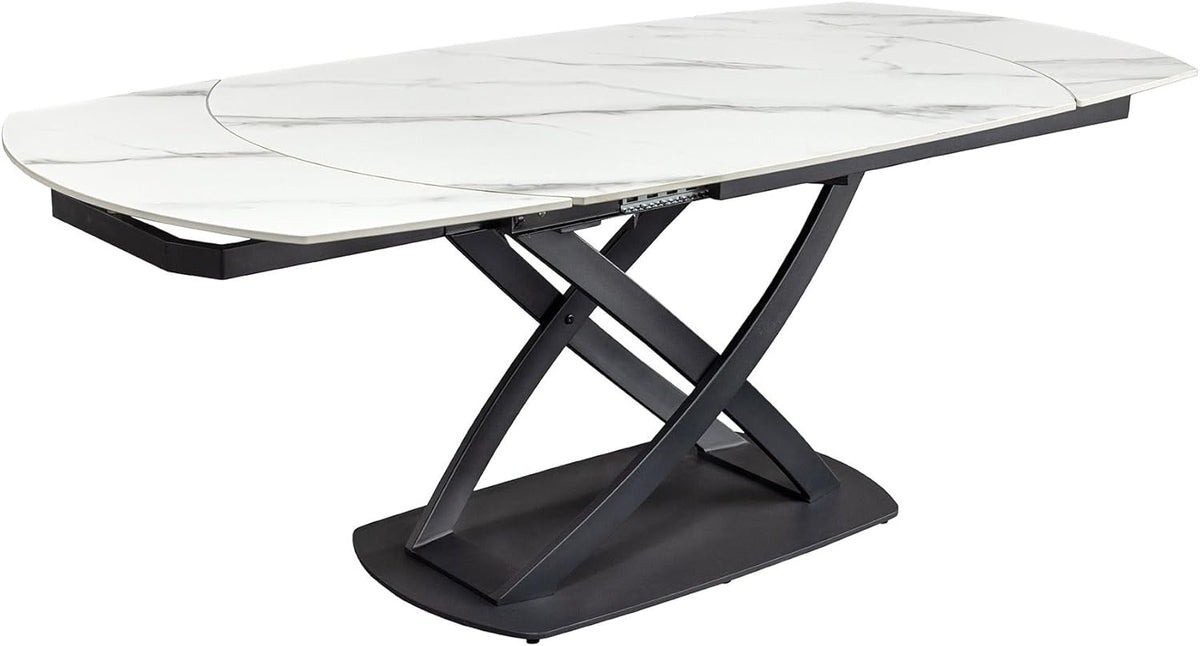 Mesa de comedor extensible Riess Ambiente Inception - 130–190 cm - blanca - ovalada, cerámica con efecto mármol blanco, estructura de metal negro