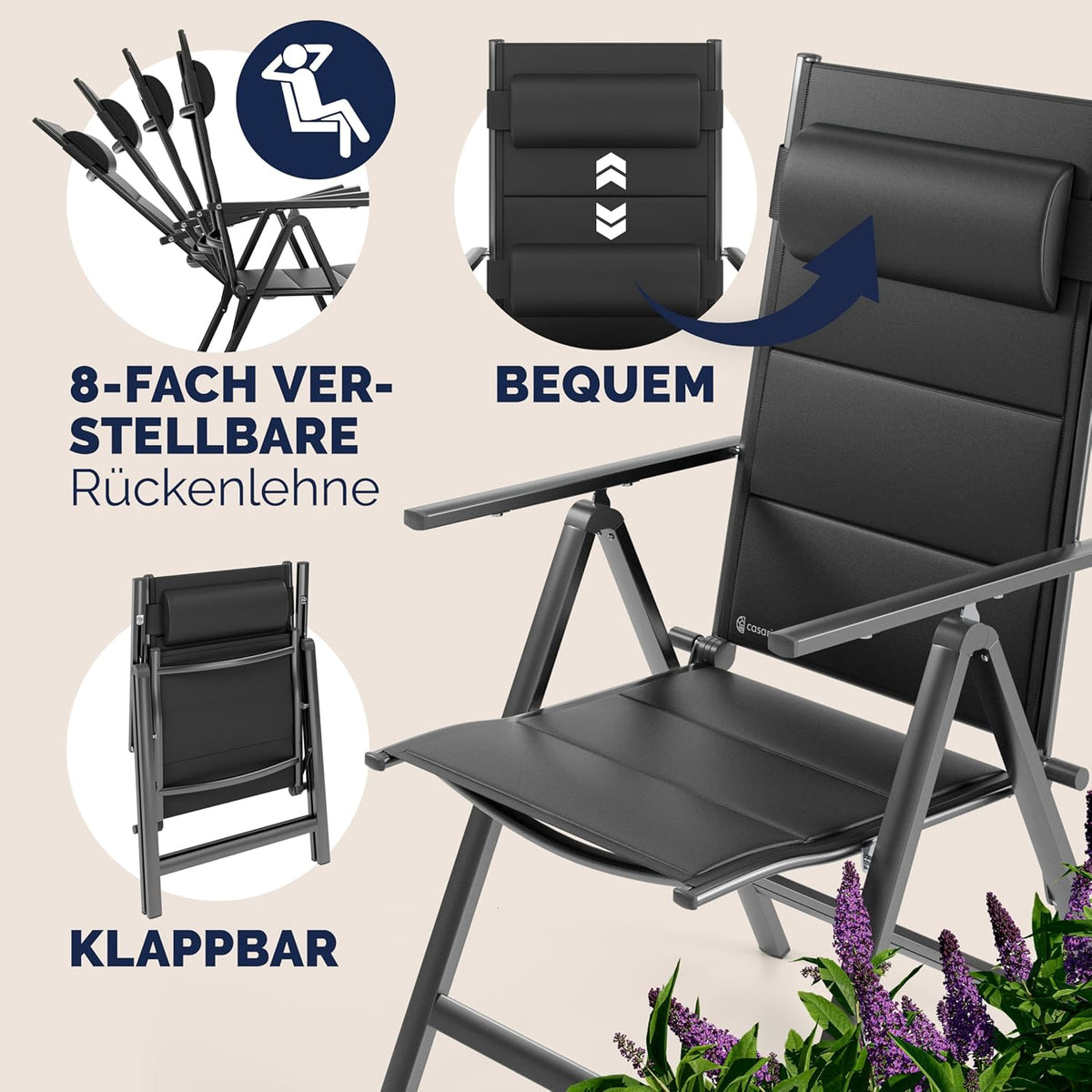 Casaria® Gartenstühle 4er Set Klappbar Gepolstert Alu 8- Fach Verstellbar 120 kg Belastbarkeit Wetterfest Outdoor Balkon Camping Hochlehner Klappstuhl