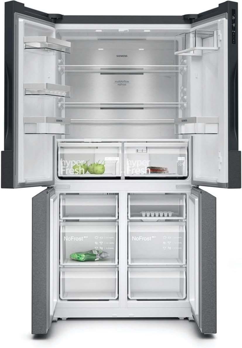 Refrigerador French Door Siemens KF96NAXEA iQ500, 183 x 91 cm, 405 L refrigeración + 200 L congelación, hyperFresh frescura prolongada, noFrost nunca más tendrá que descongelar, superCooling enfriamiento más rápido, acero inoxidable negro