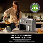 Ninja Dual Zone Digital Air Fryer, 2 Schubladen, 6-in-1, Heißluftfritteuse, 9,5L, Heißluft-Frittieren, Max Crisp, Rösten, Backen, Aufwärmen, Spülmaschinenfeste Körbe, Metallic Grau DZ400EU