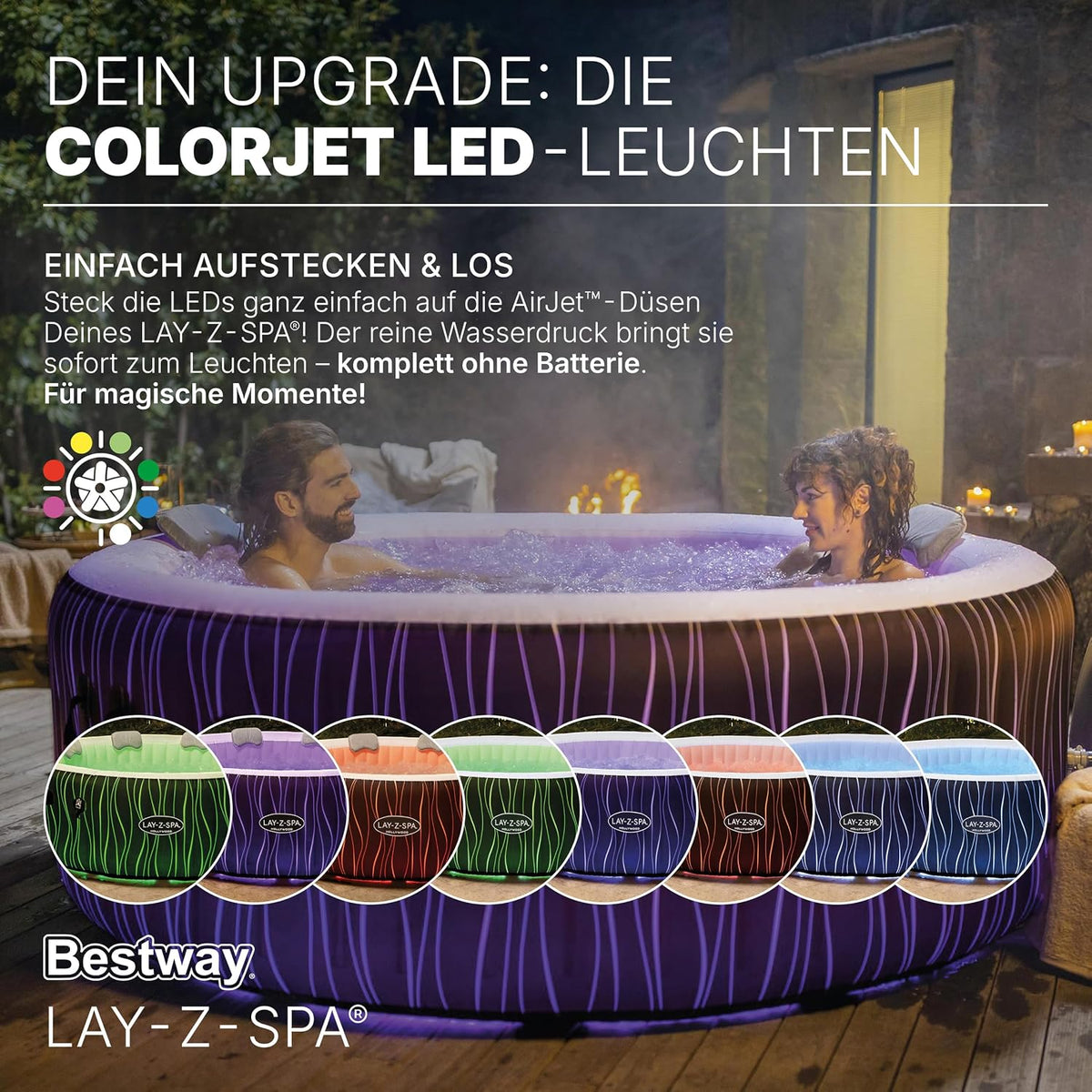 Jacuzzi inflable LED Bestway Lay-Z-Spa Hollywood para 6 personas, Ø 196x66 cm | 140 chorros AirJet, tira de luces LED con control remoto, calefacción hasta 40°C, 4 cojines de espuma