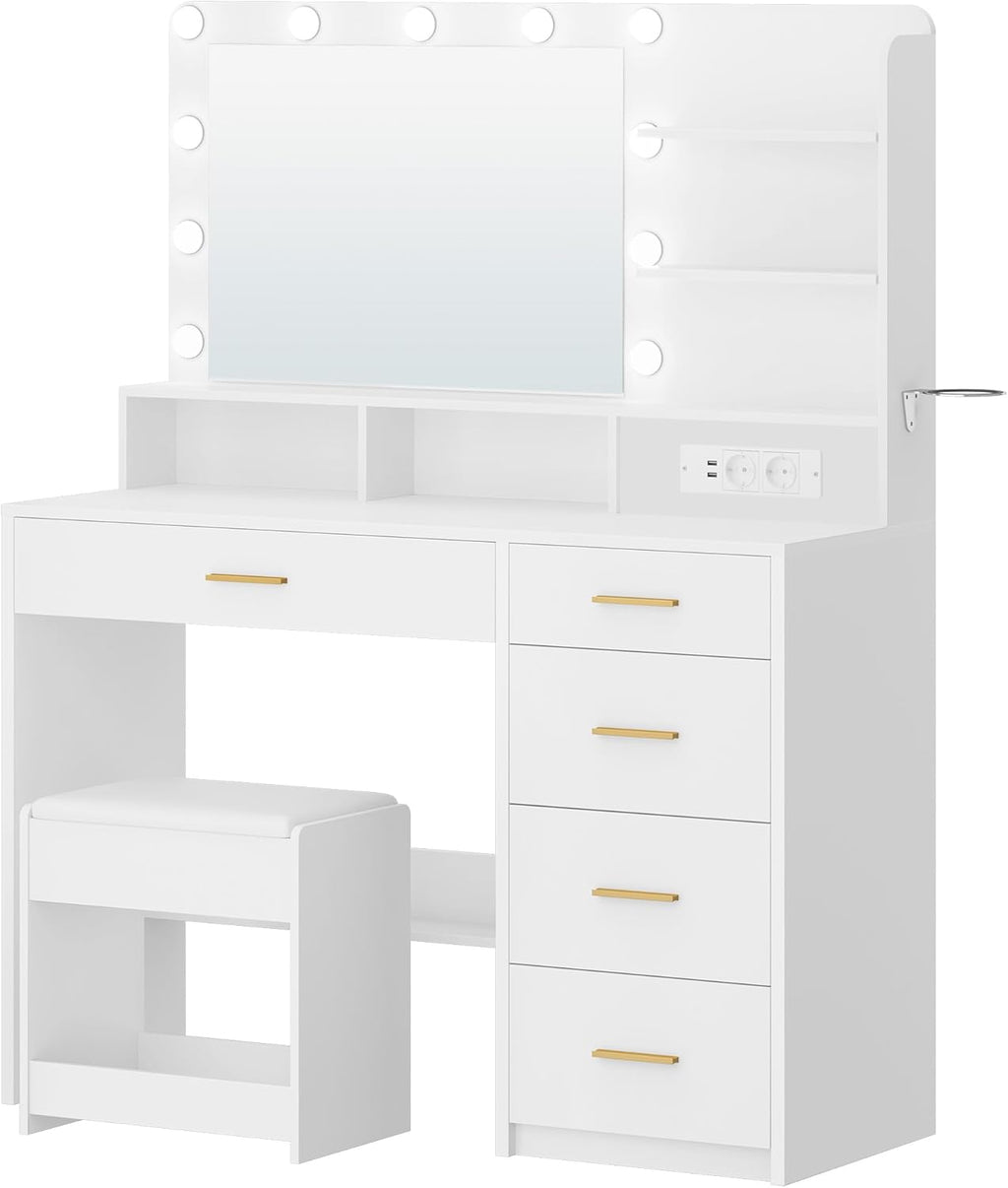 Hzuaneri Schminktisch mit 10 LED-Beleuchtung, Hocker, Frisiertisch mit Große Spiegel, Schminktische mit Stecker, Und Haartrocknerhalter, Und Mehreren Schubladen, Weiß DT42903XEU
