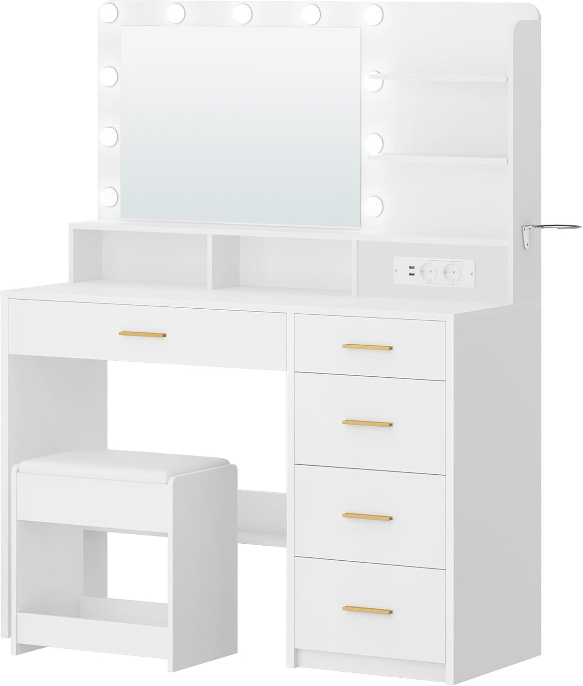 Hzuaneri Schminktisch mit 10 LED-Beleuchtung, Hocker, Frisiertisch mit Große Spiegel, Schminktische mit Stecker, Und Haartrocknerhalter, Und Mehreren Schubladen, Weiß DT42903XEU