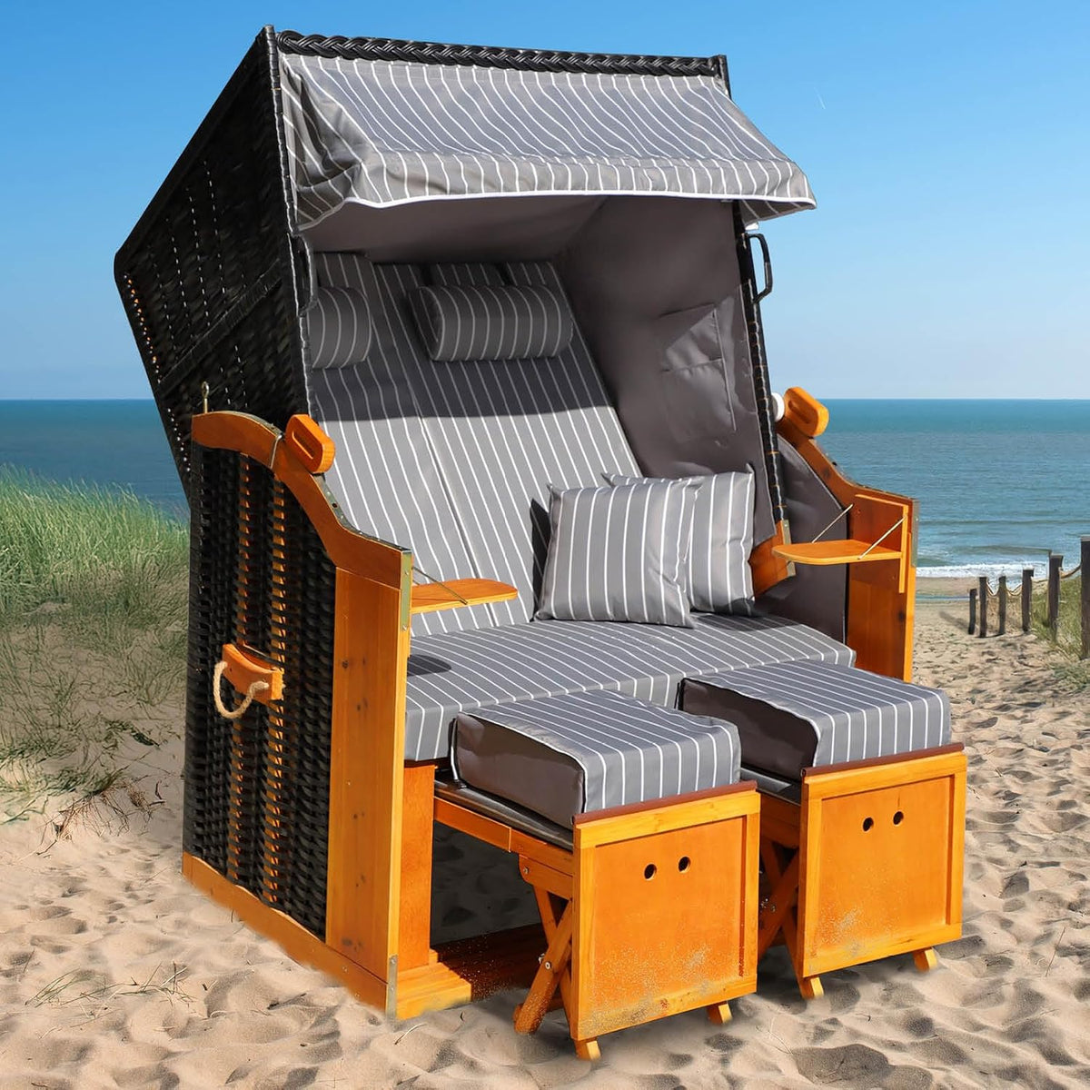 BRAST® Silla de playa Rügen Deluxe | para 2 personas | 120 cm de ancho | 5 diseños | incluye funda protectora resistente a la intemperie | respaldo ajustable y cojín de pies mullido | Antracita/Gris - a rayas