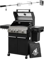 Barbacoa de gas Hektor 3B-S incl. asador giratorio y funda protectora con 3 quemadores, quemador Sear, parrilla de hierro fundido, hornillo lateral, ventana de visualización y termómetro para jardín y terraza