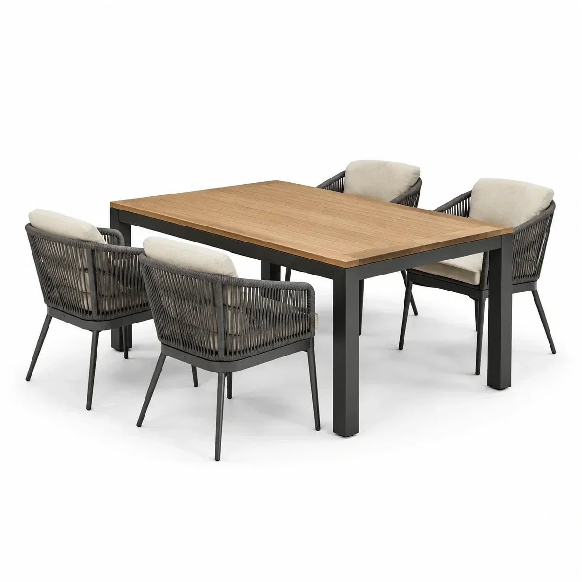 Conjunto de comedor de aluminio, madera de teca y ratán sintético, 4 sillones con cojines