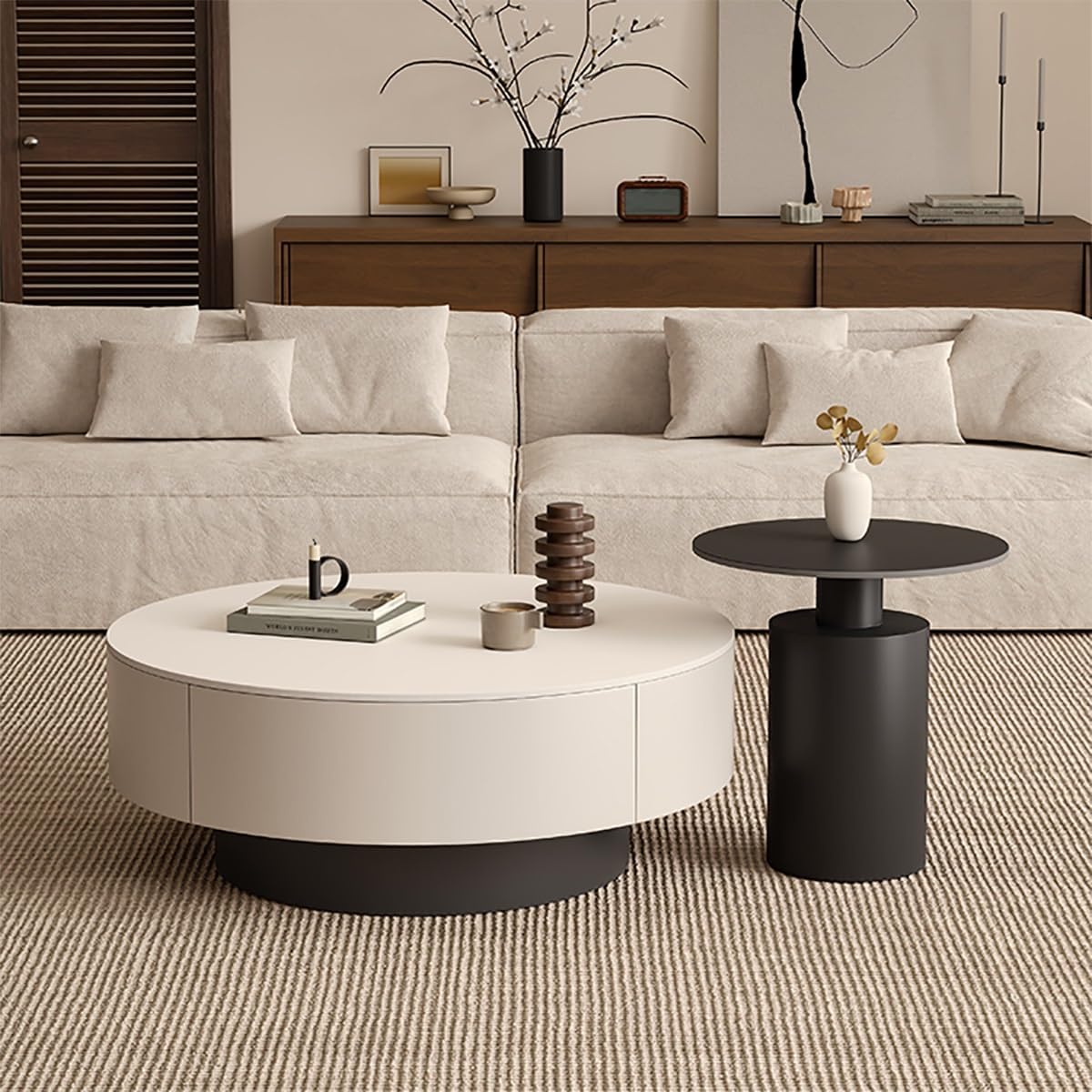 Couchtisch 2er Set Rund, wohnzimmer tisch für couch mit 2 Schubladen aus Massivholz, verdickte 12 mm Steinplatte, Nested Beistelltisch mit Schublade für Schlafzimmer, Home Office(Black+black,70cm)