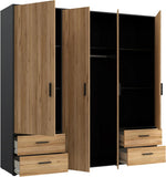 Armario FORTE Jupiter 200 210, armario ropero, armario de puertas batientes, 4 puertas, con 4 cajones y estantes, negro con decoración de madera: roble Catania, 206 cm de ancho x 53 cm de profundidad x 200 cm de alto