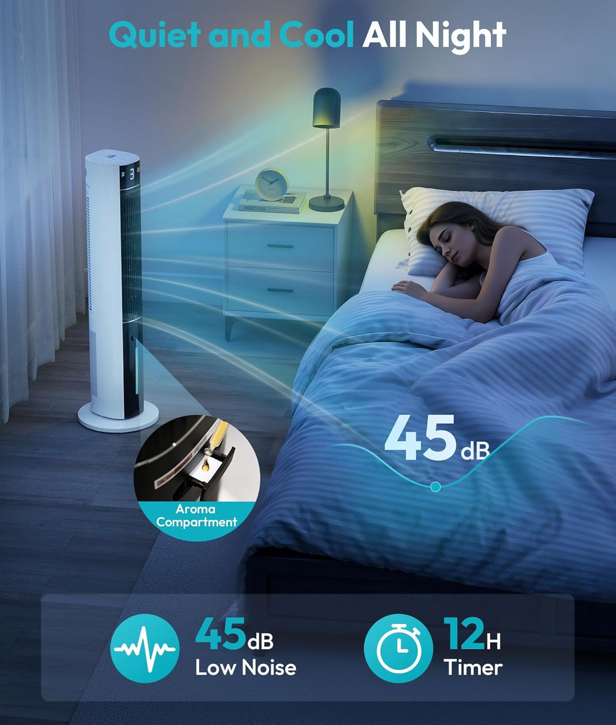 Enfriador de aire por evaporación: enfriador de pantano 3 en 1 con tanque de agua de 3 L, 3 modos y 3 velocidades, control remoto, temporizador de 12 horas, ventilador de torre de enfriamiento portátil sin aspas con oscilación de 50° para habitación