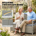 Banco de jardín Outsunny de polirratán, 170 L, banco de 2 plazas con almacenamiento, cojines extraíbles, forro interior con cremallera, reposabrazos de madera de acacia, banco arcón resistente a la intemperie para herramientas, cojín de asiento gris claro