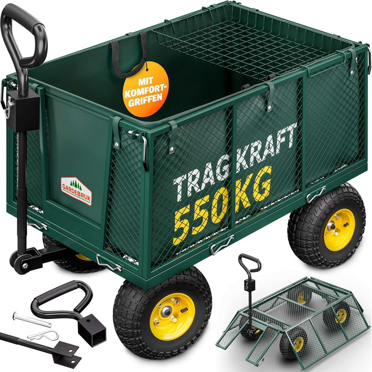 GARDEBRUK® Bollerwagen 550kg Belastbar Klappbar Stabil Herausnehmbare Plane Gerätewagen Handwagen Garten Gartenkarre Gartenwagen Transportwagen Karre