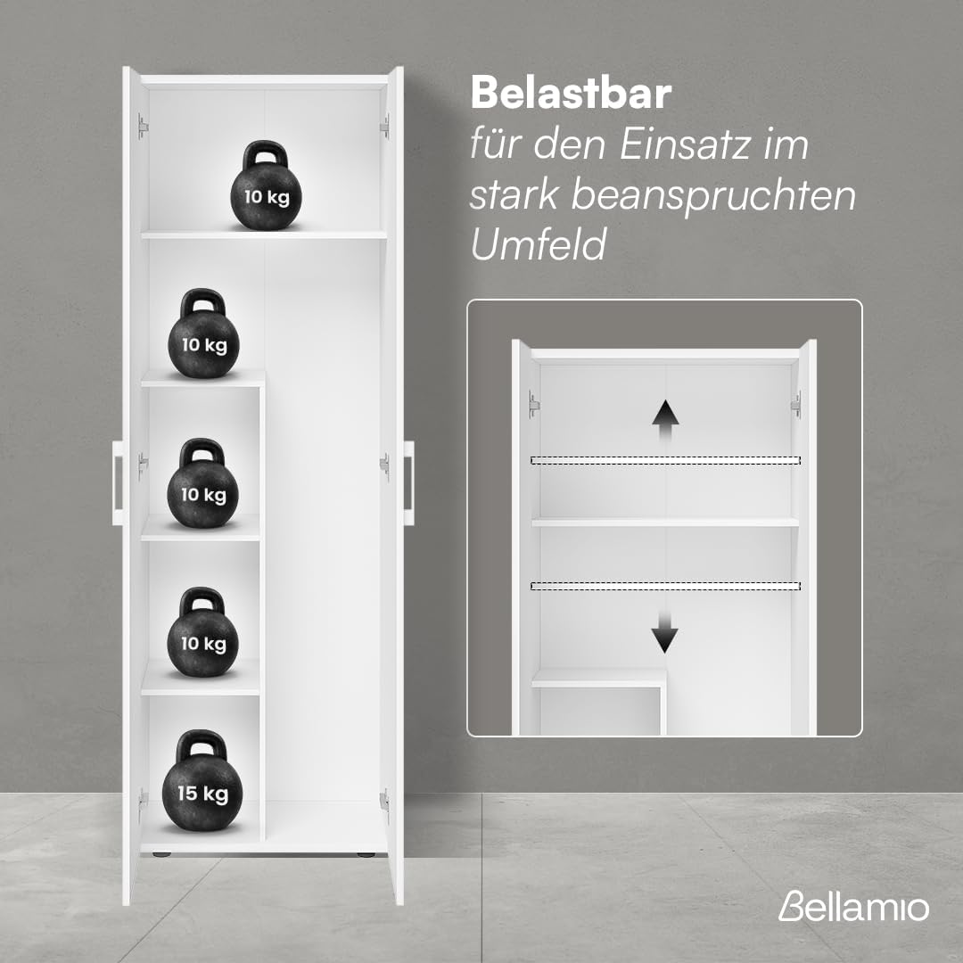 Set de armarios multiusos Bellamio de 2 piezas – Conjunto de armarios con archivador y armario escobero en blanco – Armario despensa con compartimento para aspiradora – Armario para el hogar de madera de 60 cm de ancho – Armario multiusos de 2 unidades