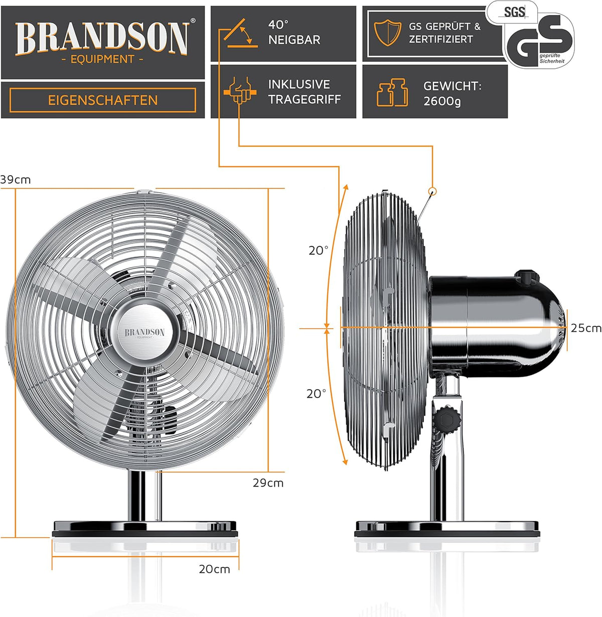 Brandson - Ventilador de mesa diseño retro - ventilador con 3 niveles de velocidad - ventilador móvil - oscilación de 80°, ángulo de inclinación aprox. 40° - carcasa de metal robusta - Silverline