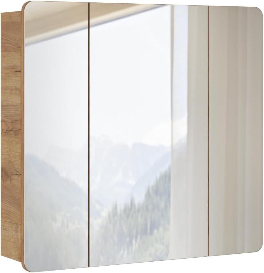 Conjunto de muebles de baño Lomadox con lavabo de 81 cm y armario con espejo LED, blanco brillante con imitación roble Wotan, armario colgante, armario bajo