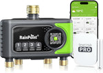 Programador de riego WiFi RAINPOINT de 4 salidas, entrada y salida de latón, temporizador de riego de 4 zonas con control basado en el clima y el suelo, control por aplicación y voz para jardín y césped