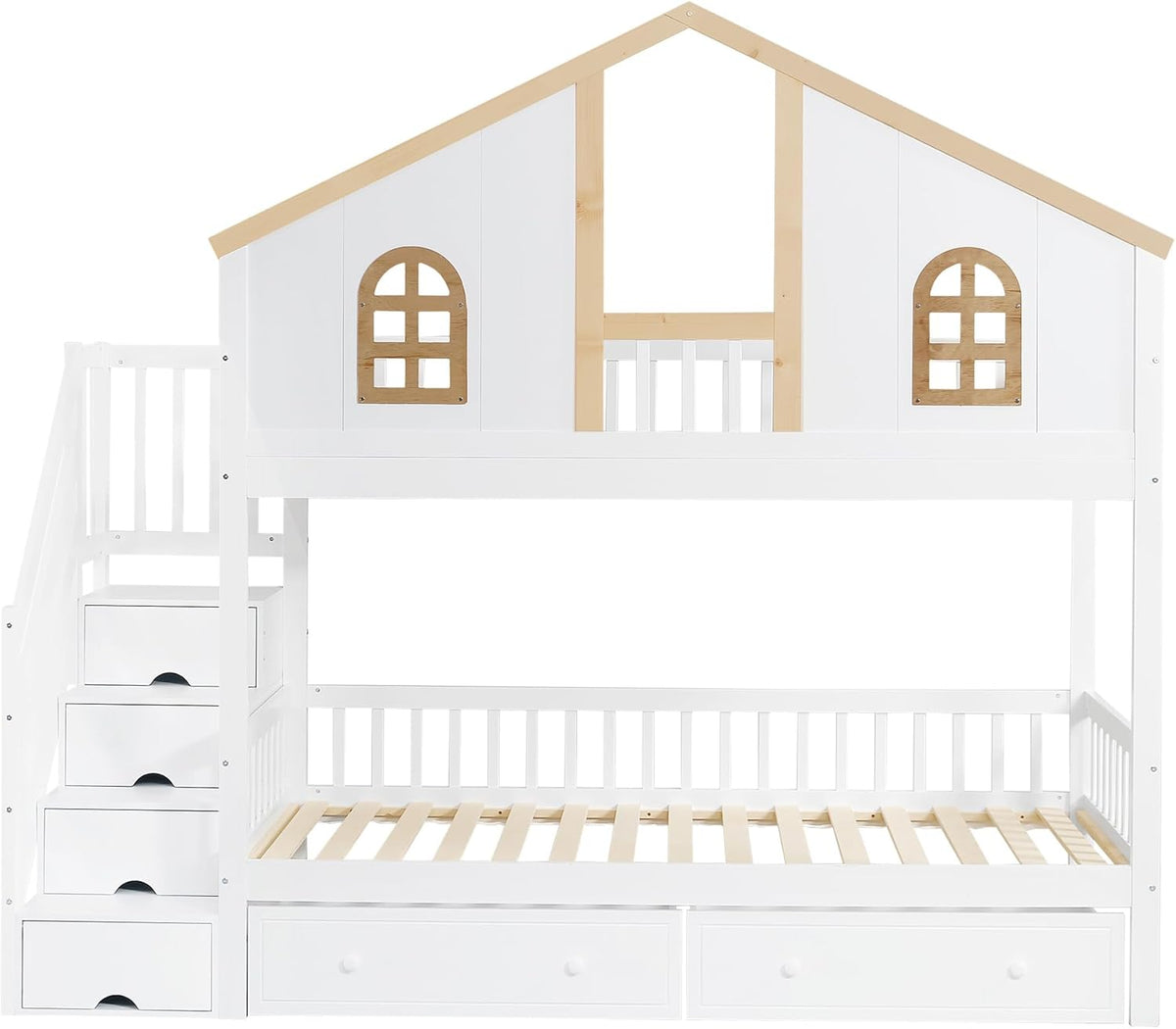 Cama alta Merax 90x200cm, litera infantil para 2 niños, cama casita con escalera, almacenaje y cajones, cama tipo casa del árbol con ventana y techo, protección anticaídas y somier, pino+MDF, sin colchón, blanca