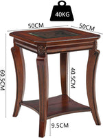 Mesa auxiliar cuadrada de alta gama con tablero de cristal templado, mesa auxiliar estilo granja con estante, mesa esquinera de salón con patas de madera tallada, 60.5 cm de altura, color cerezo CJZ-A1168-GT