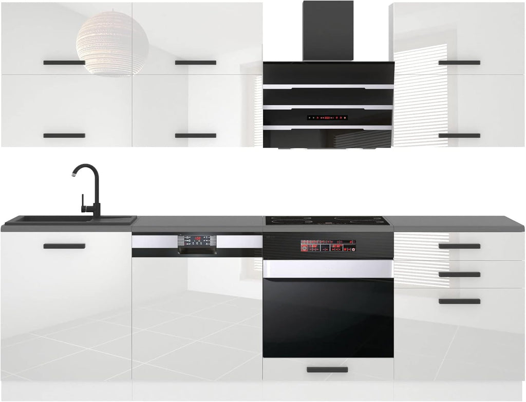 Cocina compacta Belini Madison - Muebles de cocina de 240 cm, cocina equipada sin electrodomésticos, con armarios altos y bajos, con encimeras, blanco brillo