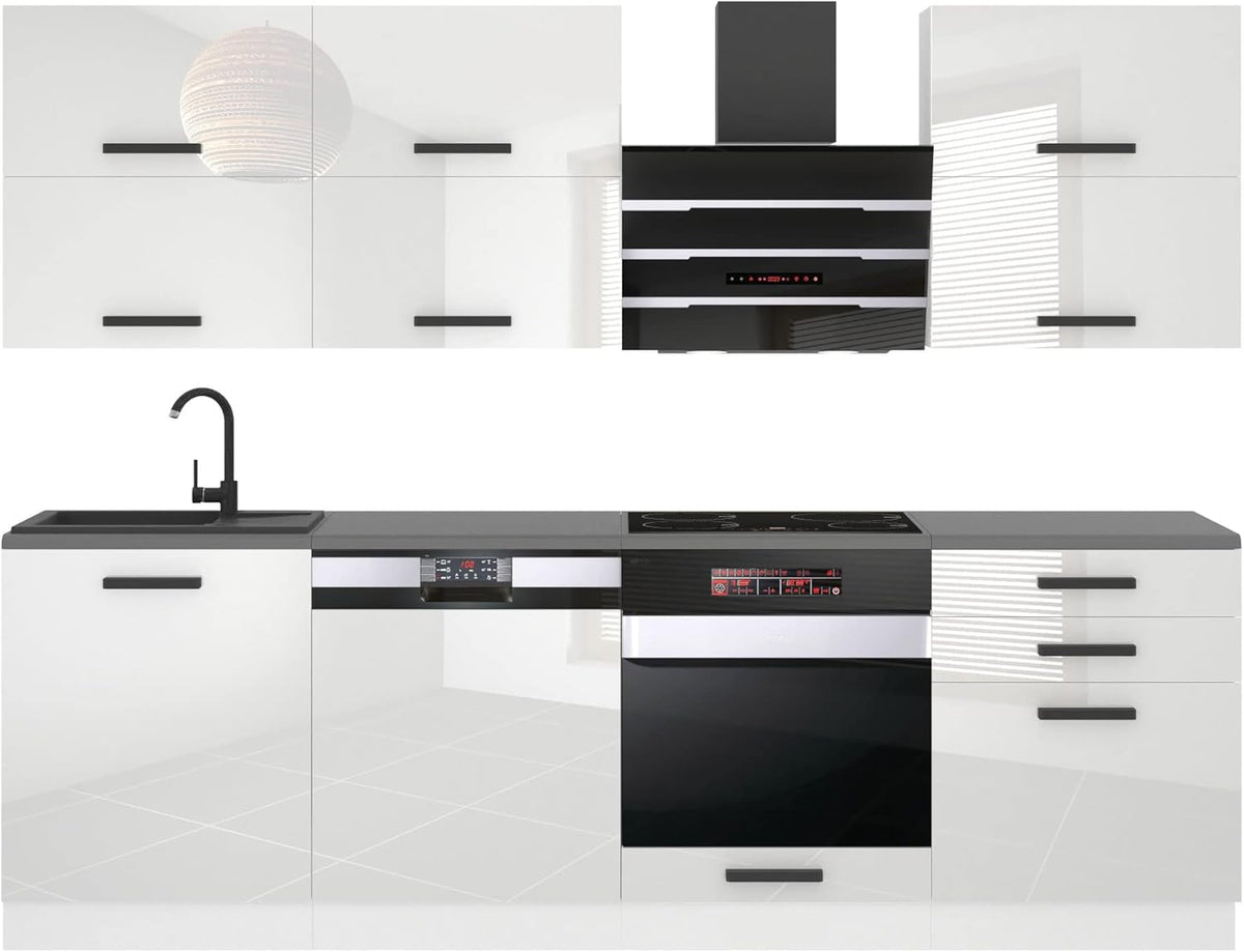 Cocina compacta Belini Madison - Muebles de cocina de 240 cm, cocina equipada sin electrodomésticos, con armarios altos y bajos, con encimeras, blanco brillo