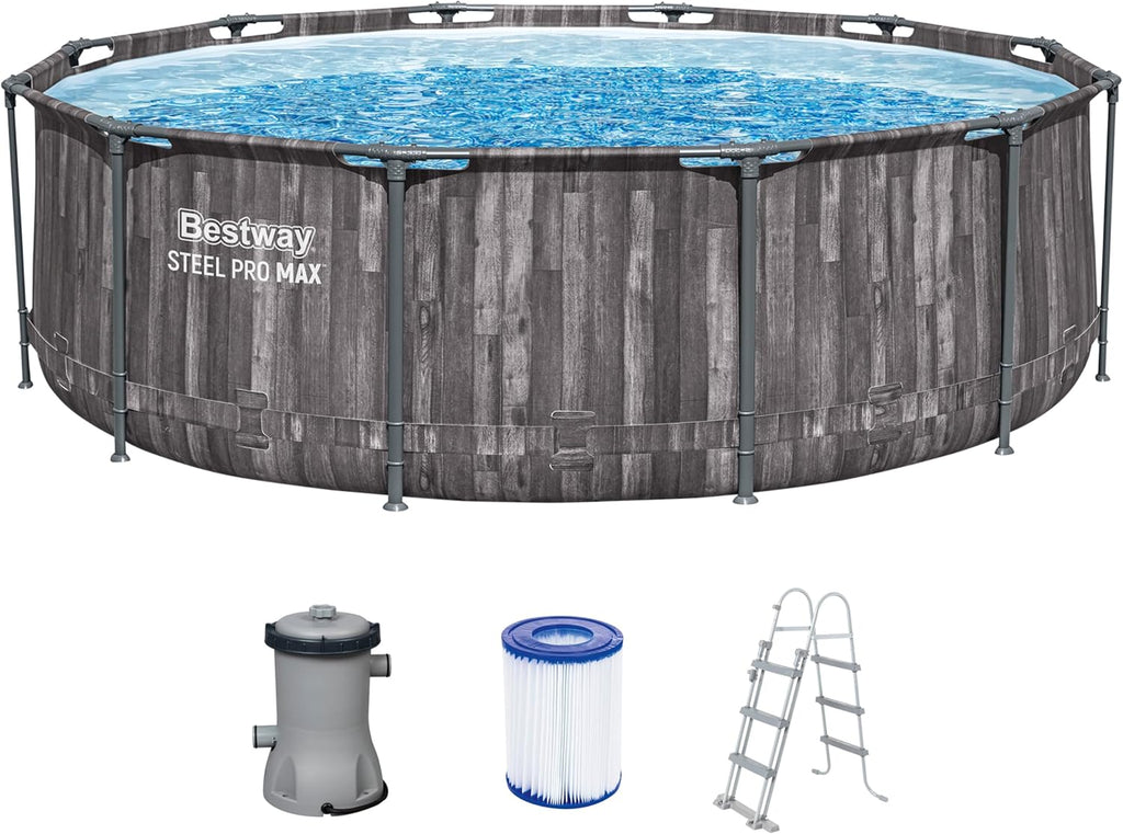 Set de piscina con estructura Bestway Steel Pro MAX con bomba de filtro Ø 366 x 100 cm, efecto madera (roble pantanoso), redonda