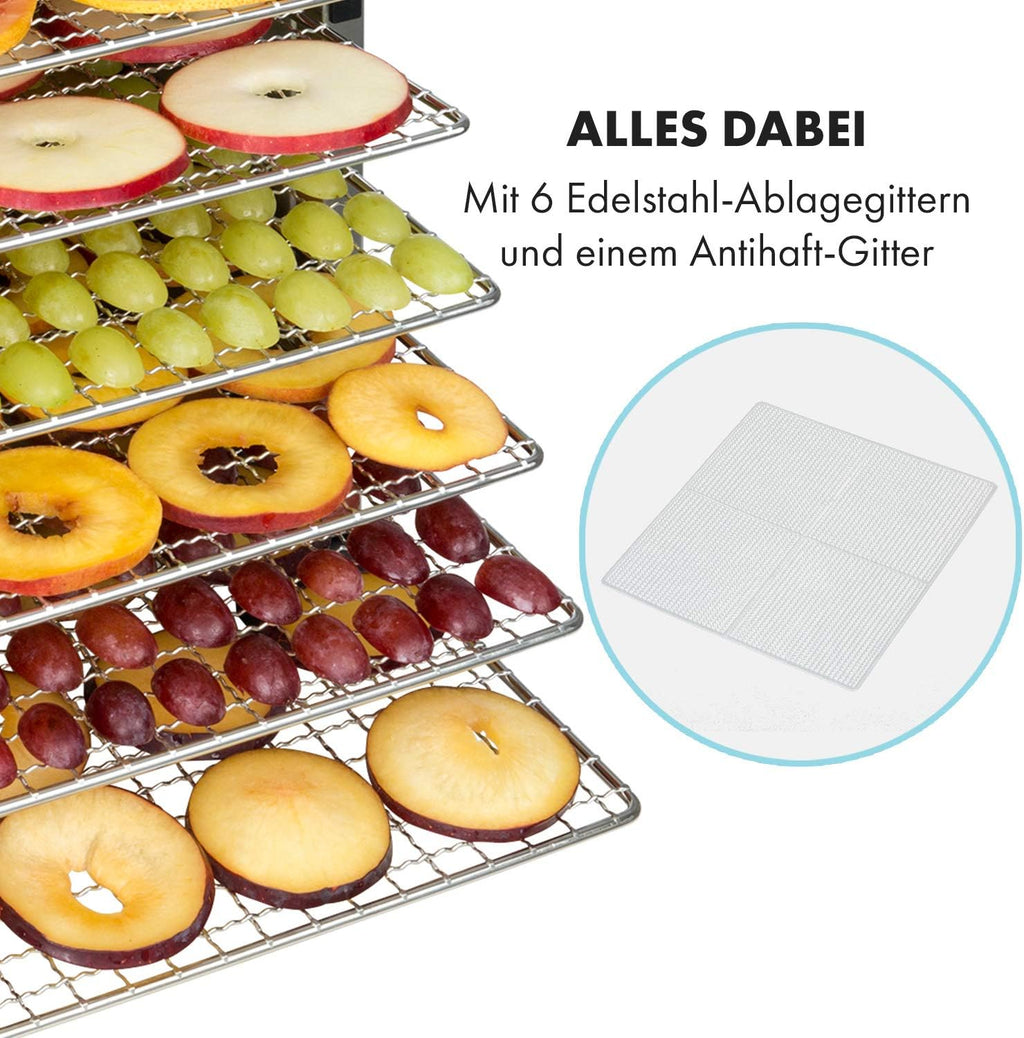 Klarstein Flavour Dry Dörrautomat Mit Edelstahl-Gehäuse, 6 Ablagegitter, LCD-Touch-Display, Timer, 360° Airflow Circulation, Digitaler Thermostat, 35-75 C°